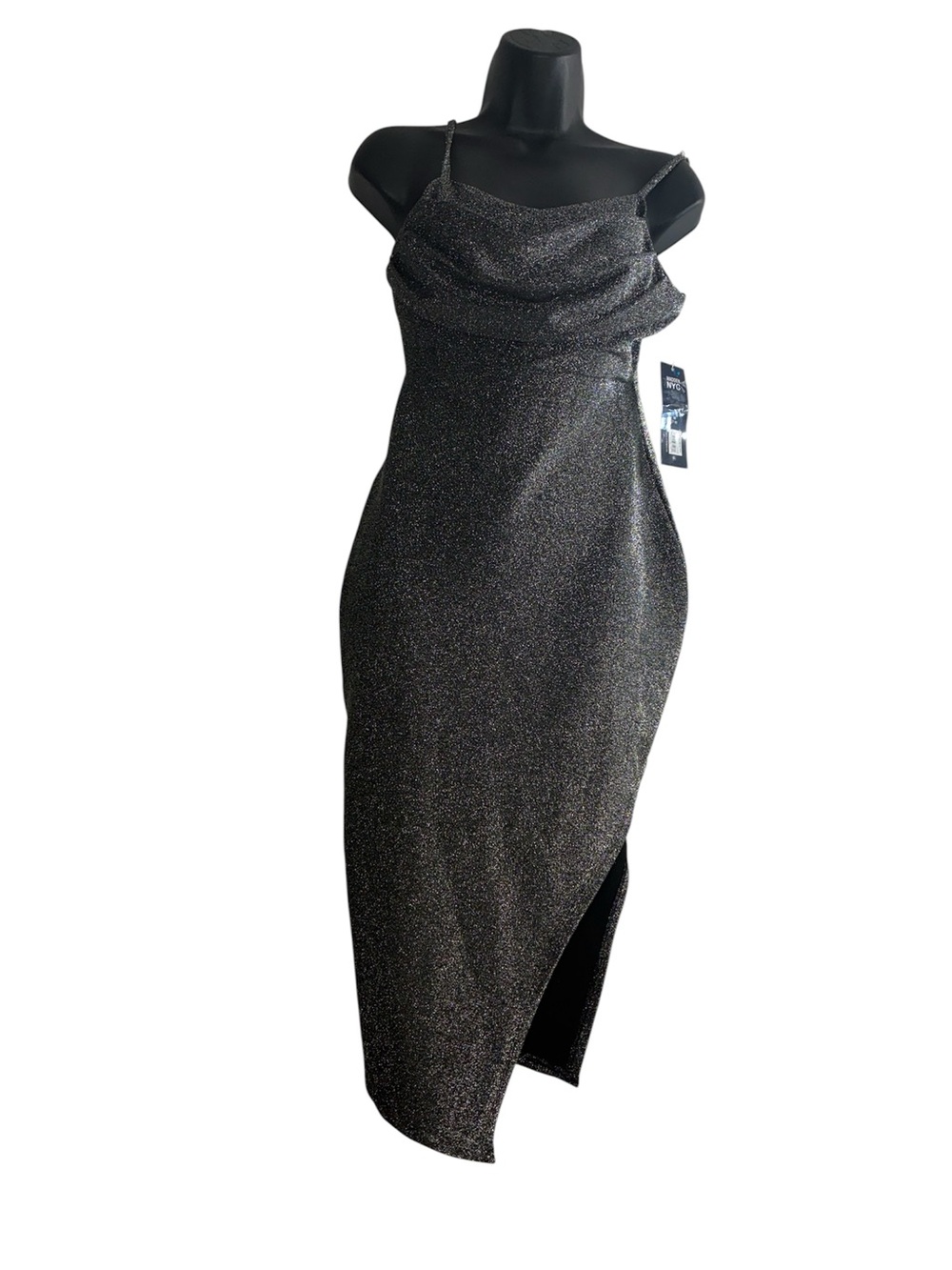 Metallic Black Drape Neck Midi Dress with Asymmetric Hem
